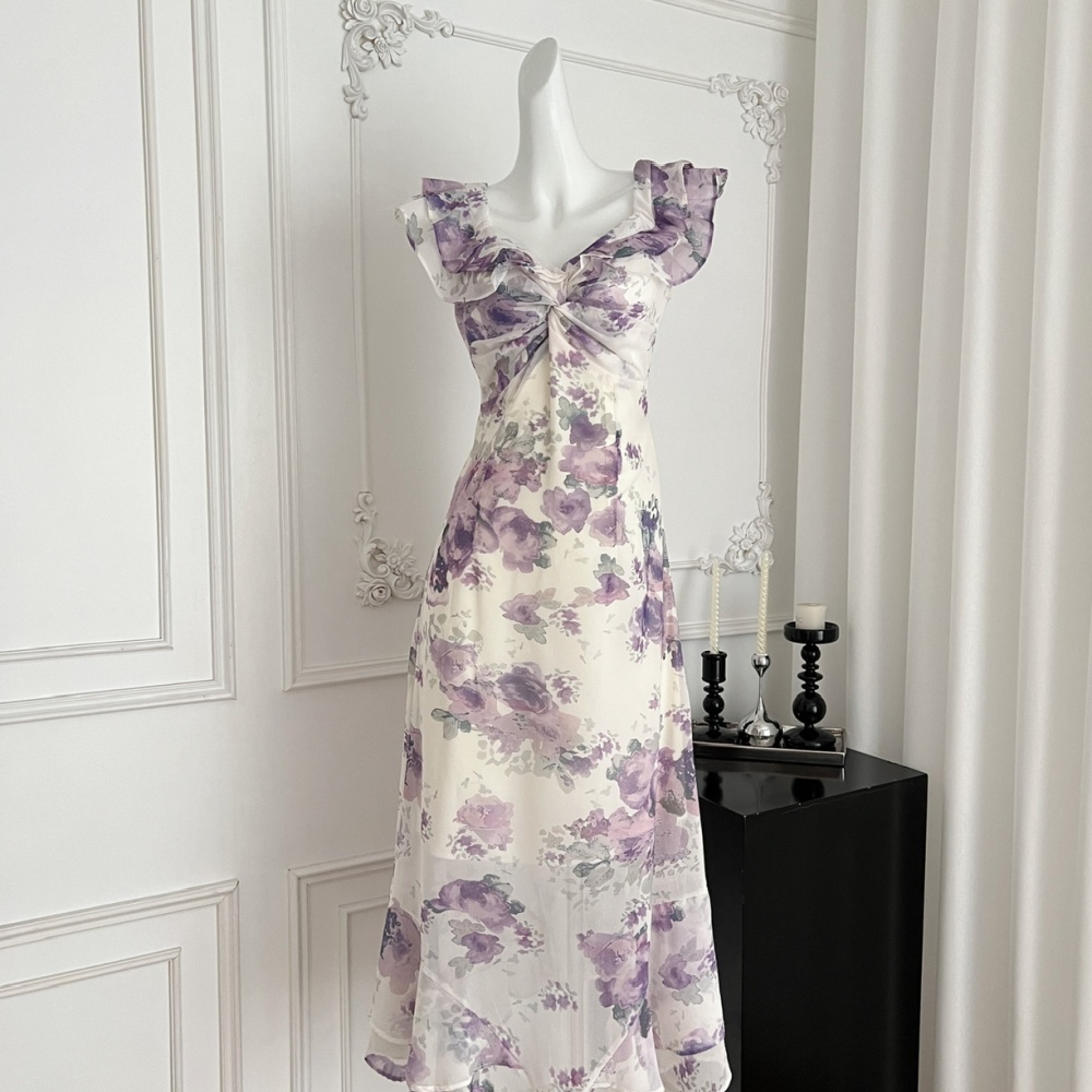 Sexy purple retro summer printing dress for women