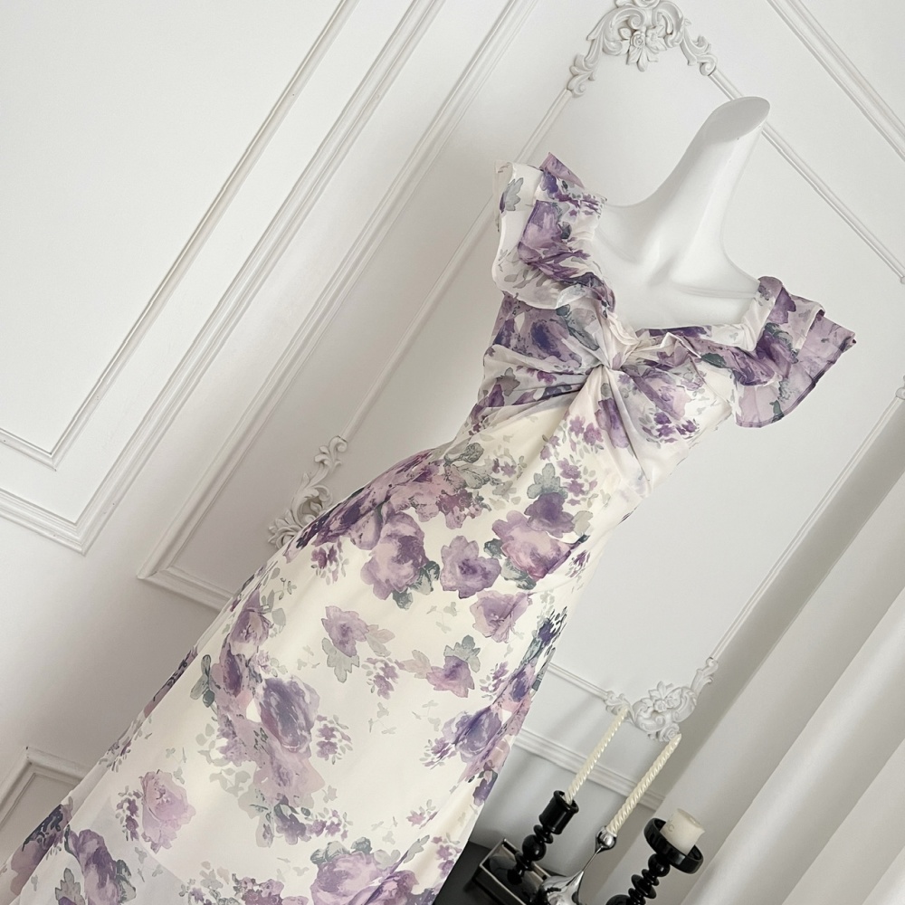 Sexy purple retro summer printing dress for women