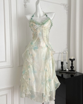 Pinched waist sling dress vacation halter long dress