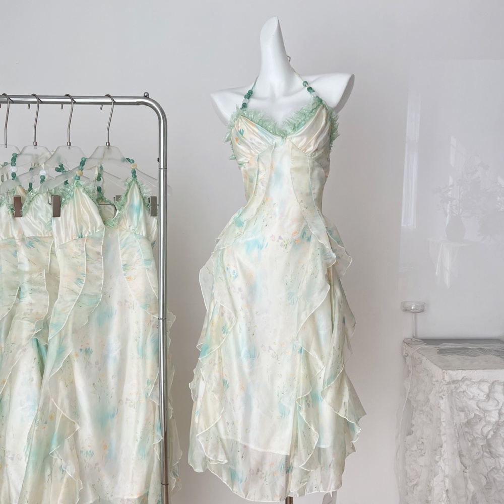 Pinched waist sling dress vacation halter long dress
