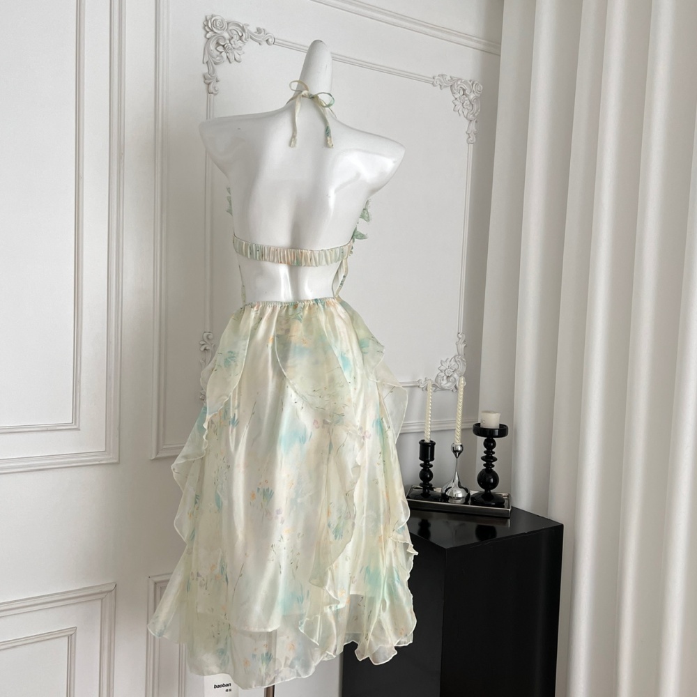 Pinched waist sling dress vacation halter long dress