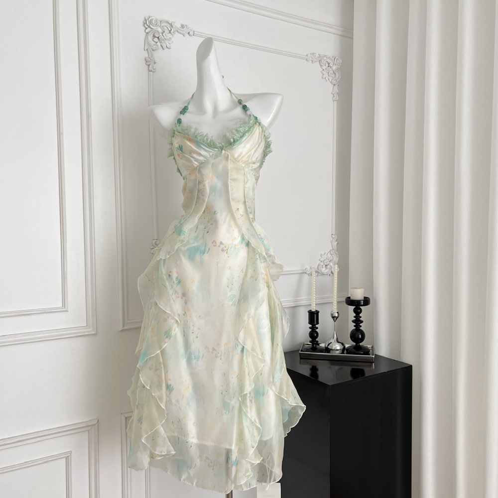 Pinched waist sling dress vacation halter long dress