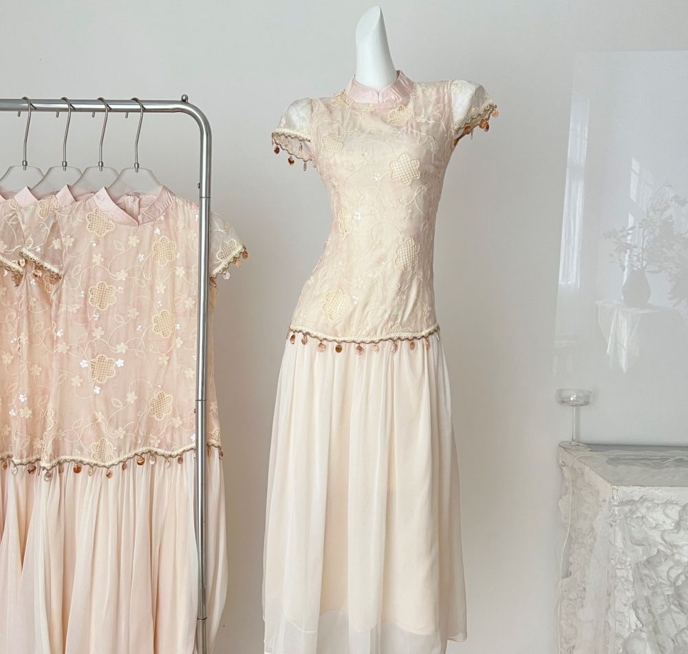 Splice spring and summer cheongsam organza dress