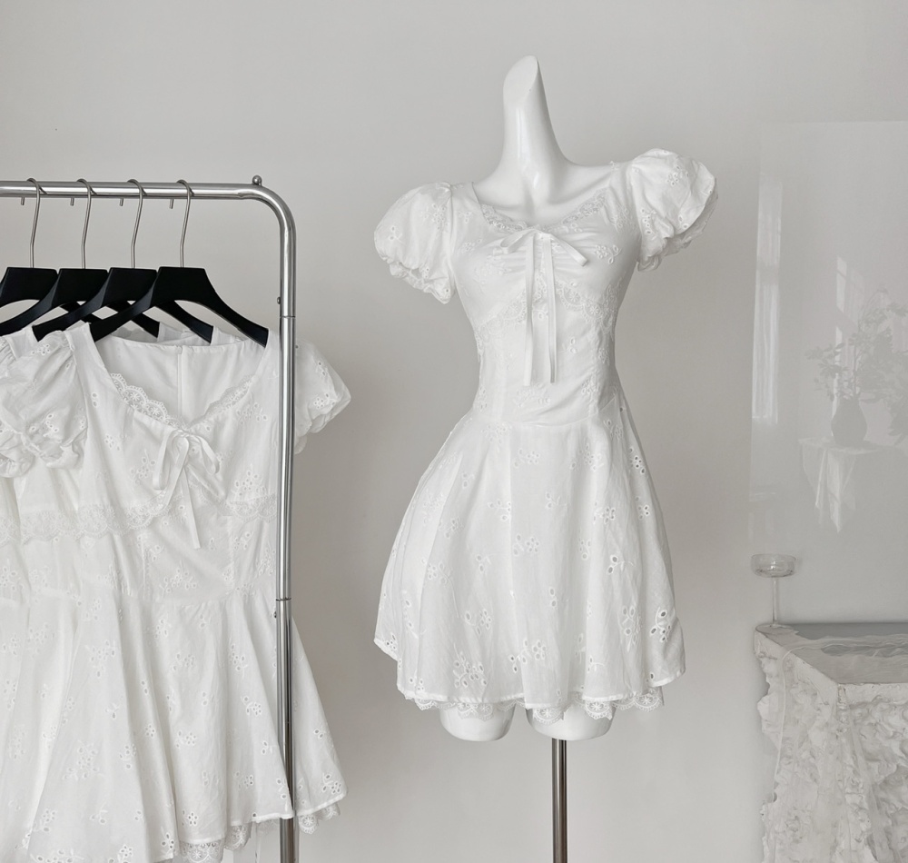 Hollow splice tender sweet embroidery slim summer lace dress