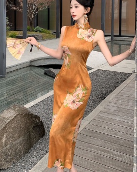 Sleeveless printing summer dress unique retro long dress