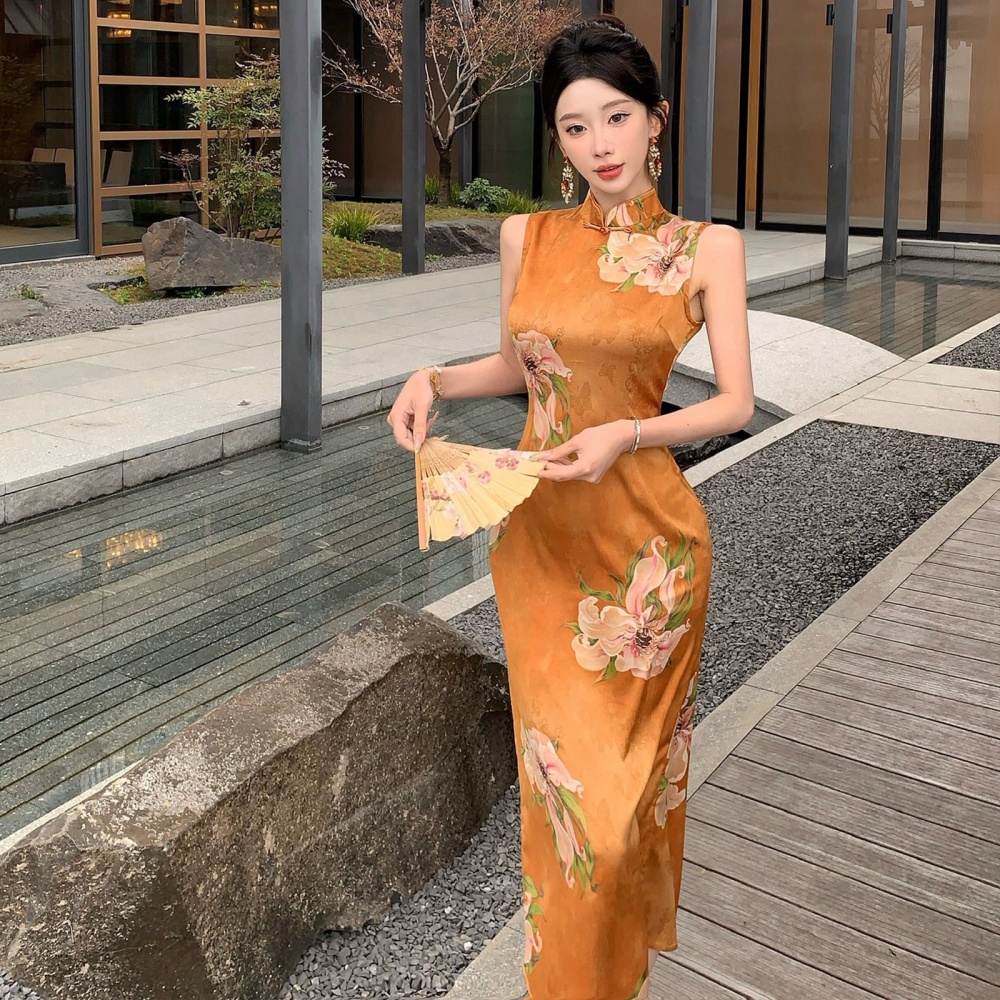 Sleeveless printing summer dress unique retro long dress