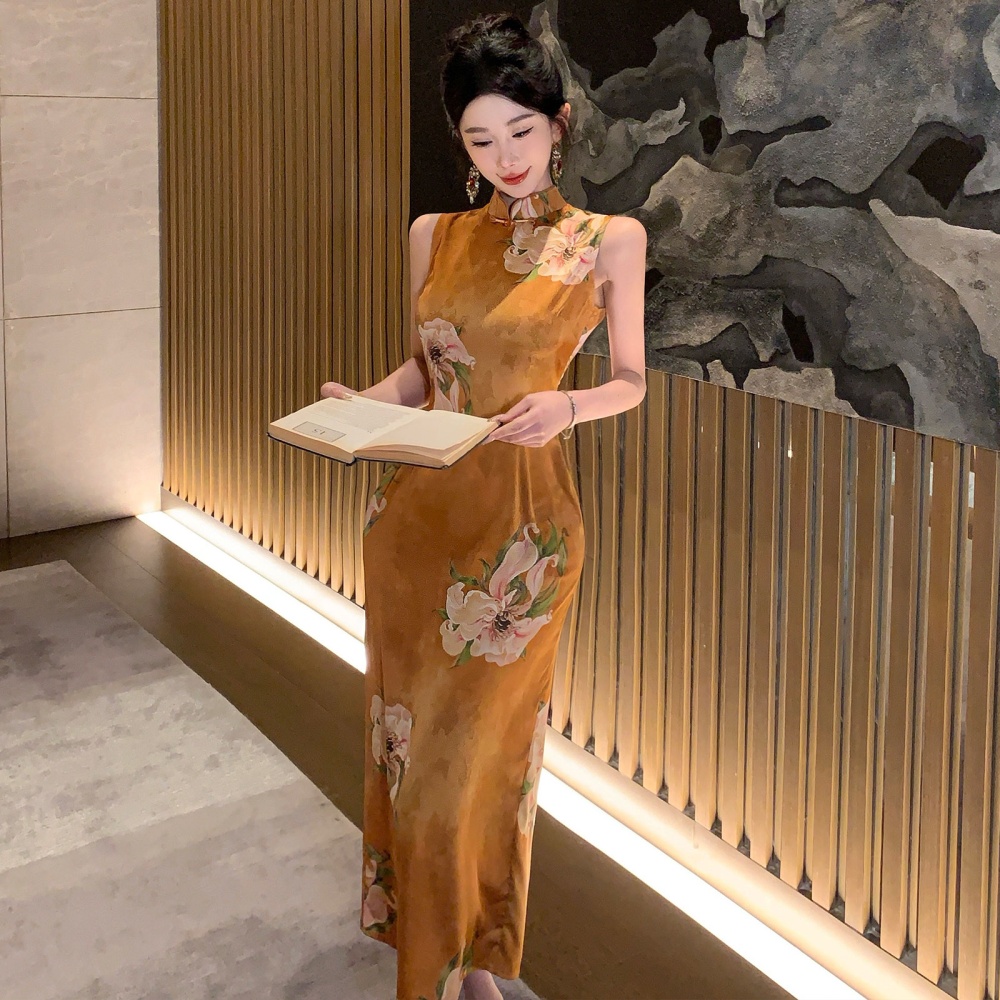 Sleeveless printing summer dress unique retro long dress