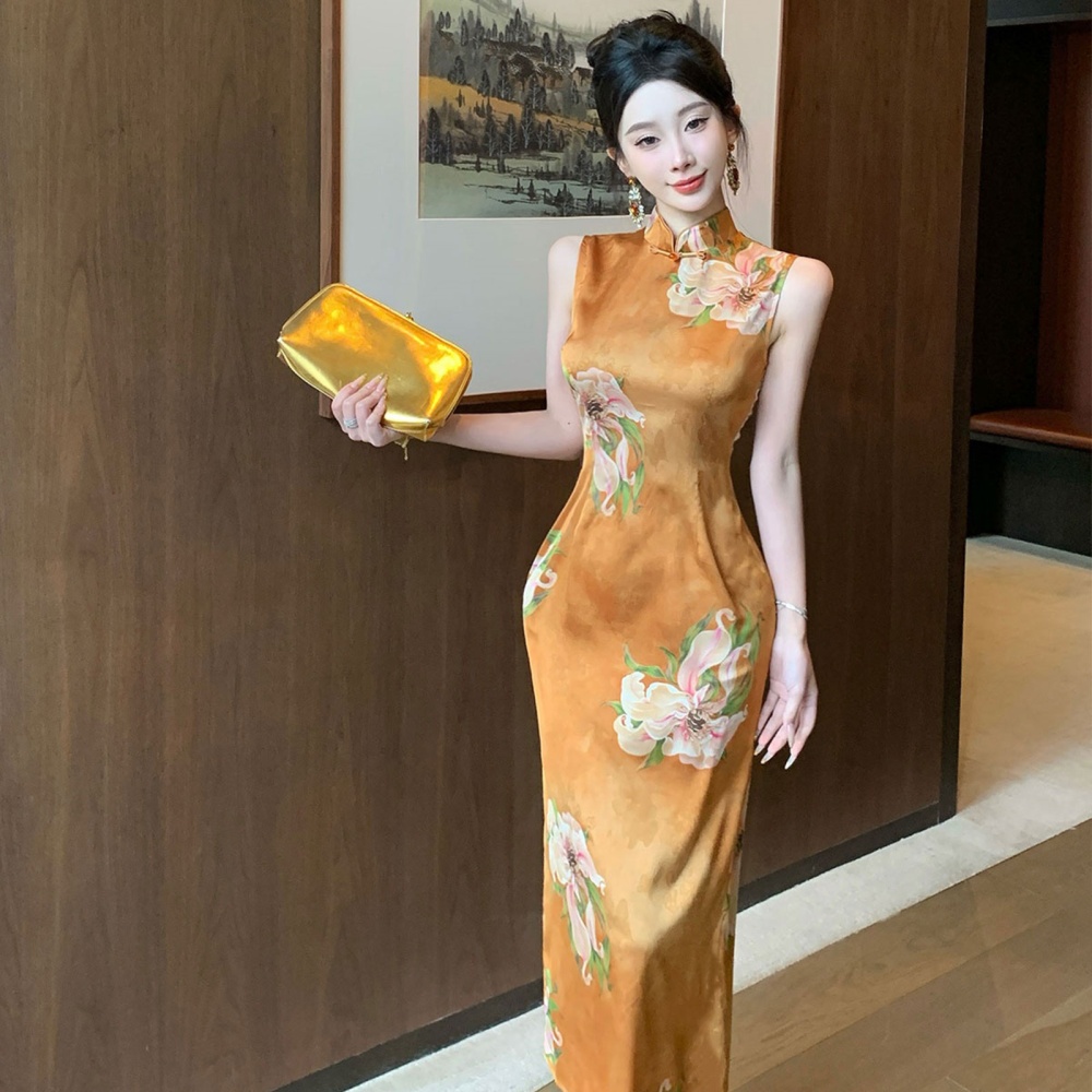 Sleeveless printing summer dress unique retro long dress
