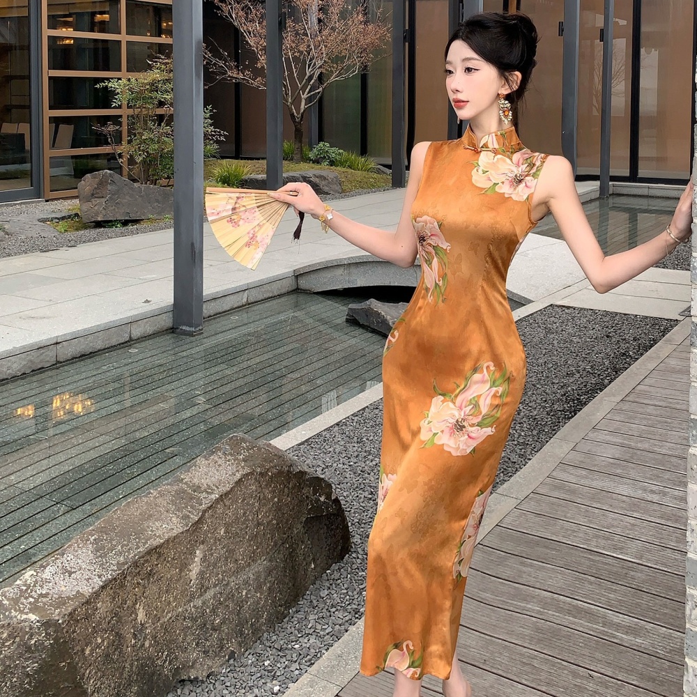 Sleeveless printing summer dress unique retro long dress