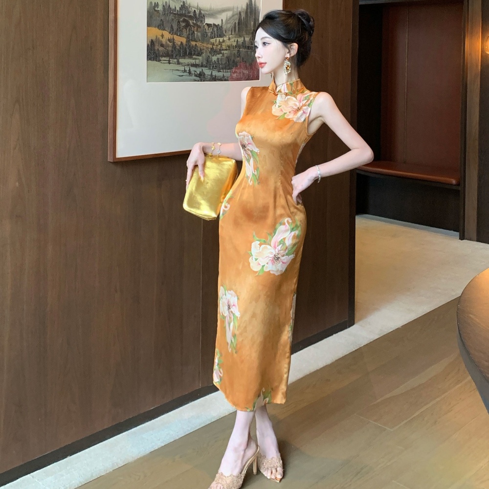 Sleeveless printing summer dress unique retro long dress