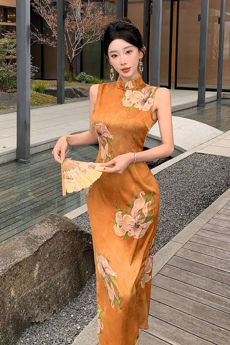 Sleeveless printing summer dress unique retro long dress