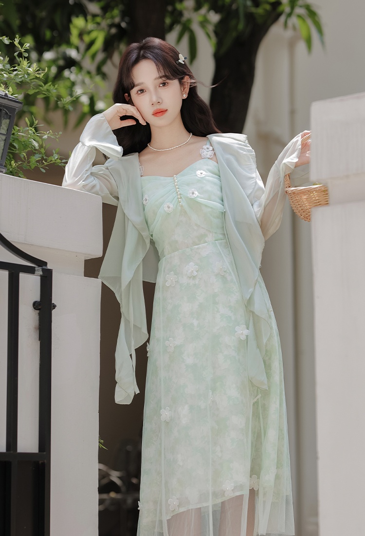 Sling cardigan floral dress 2pcs set