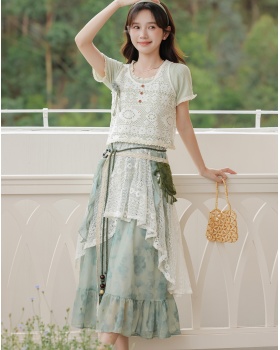 Bohemian style short sleeve vest green apricot skirt 3pcs set
