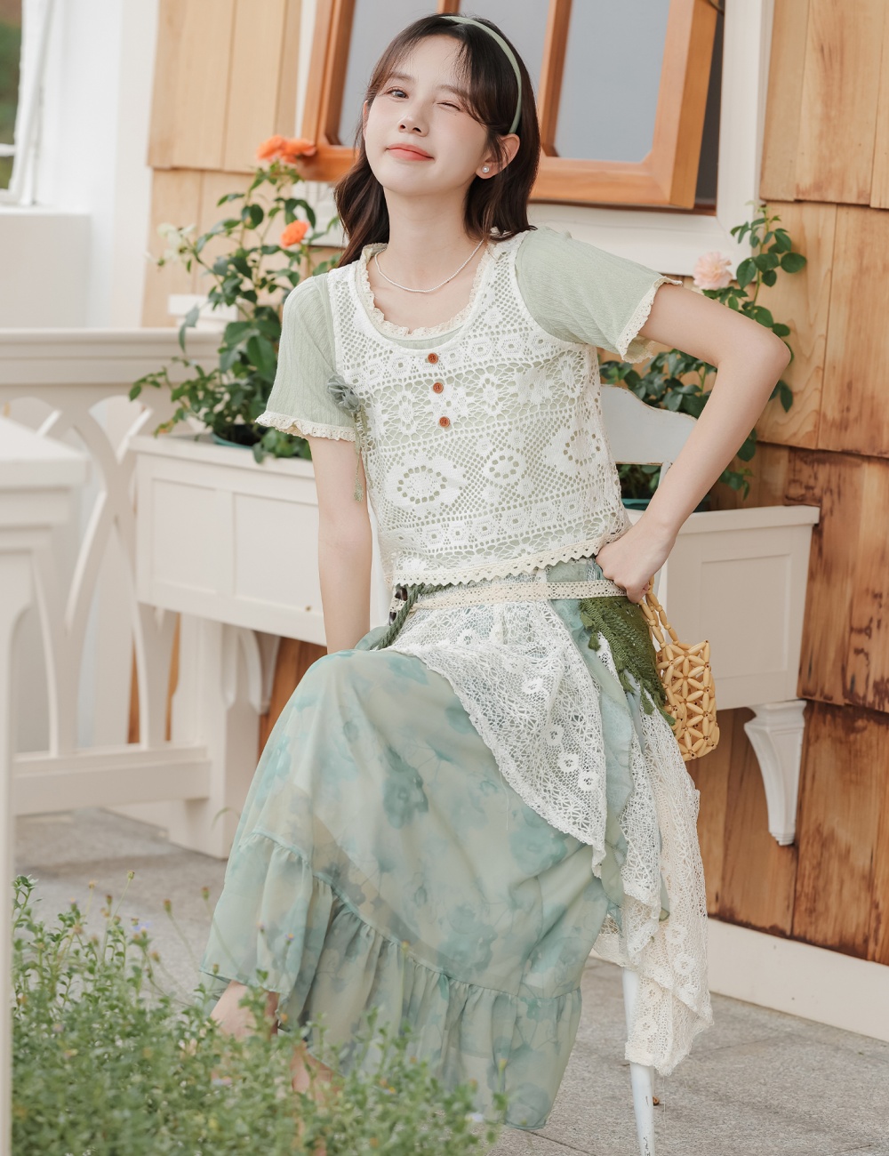 Bohemian style short sleeve vest green apricot skirt 3pcs set