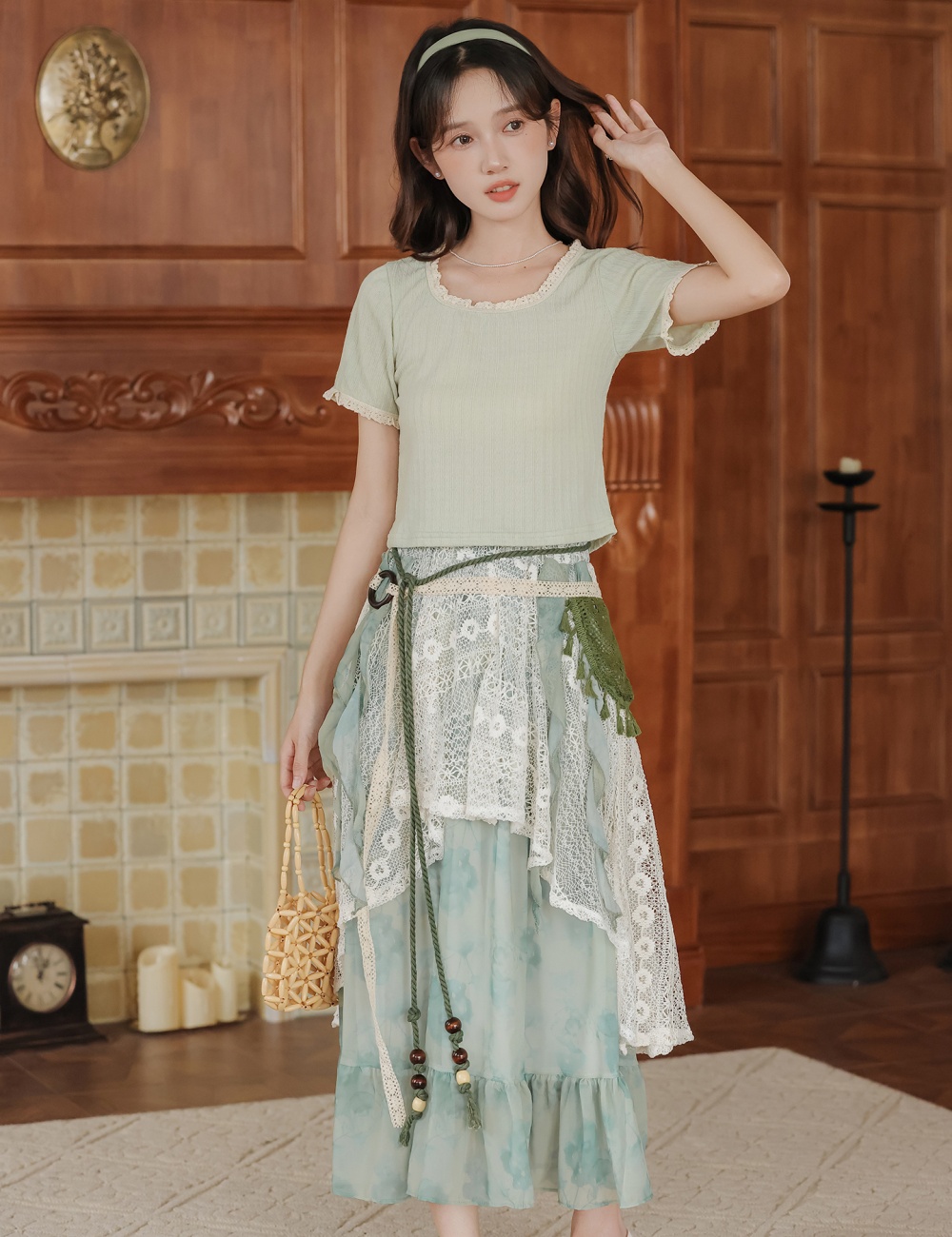 Bohemian style short sleeve vest green apricot skirt 3pcs set