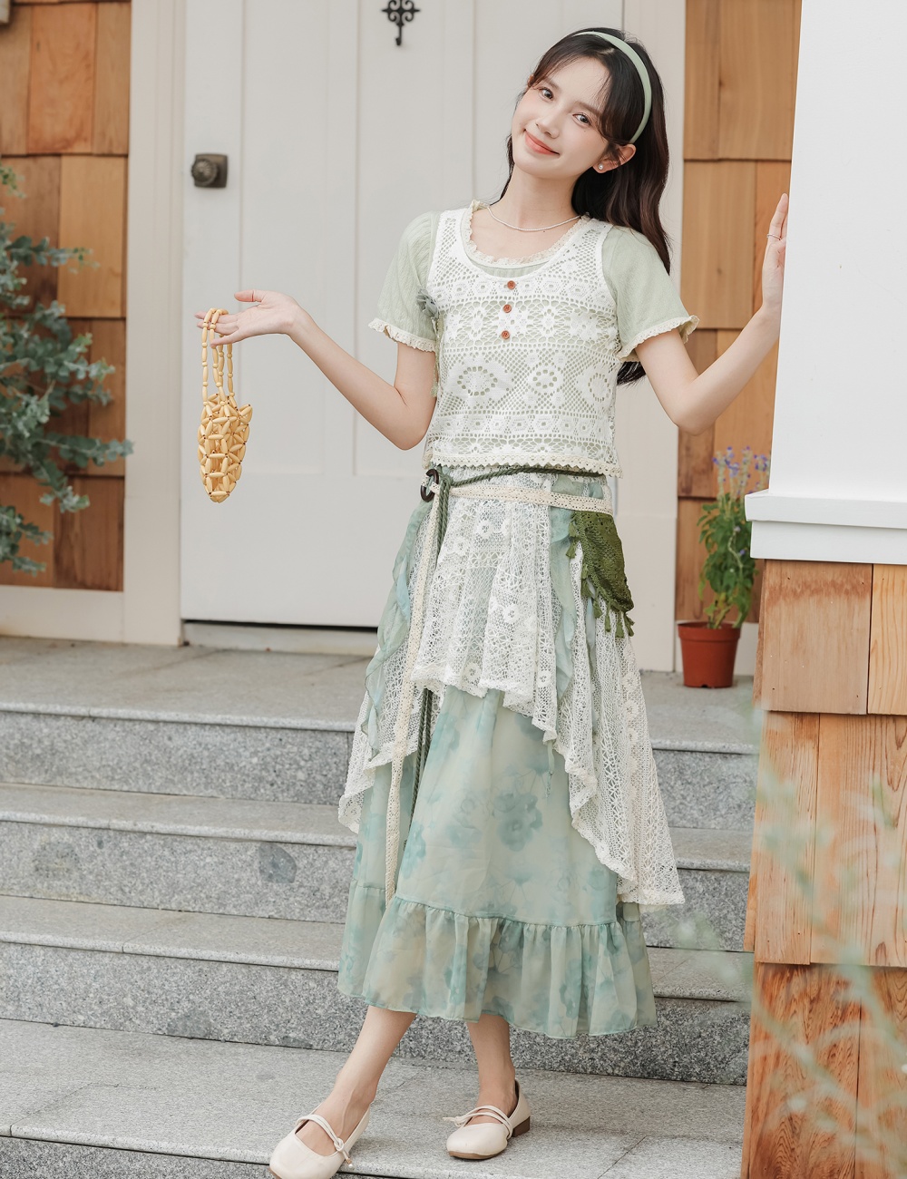 Bohemian style short sleeve vest green apricot skirt 3pcs set