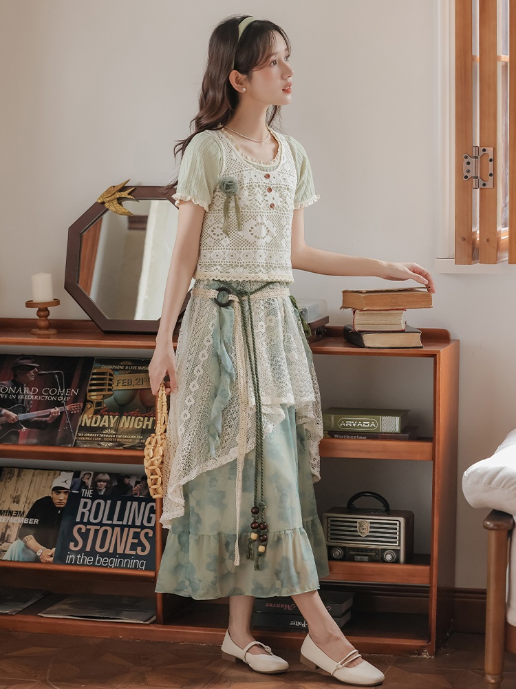 Bohemian style short sleeve vest green apricot skirt 3pcs set