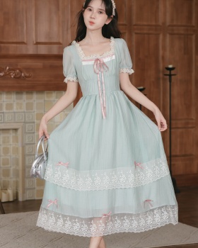 Temperament slim square collar long dress tender fold dress
