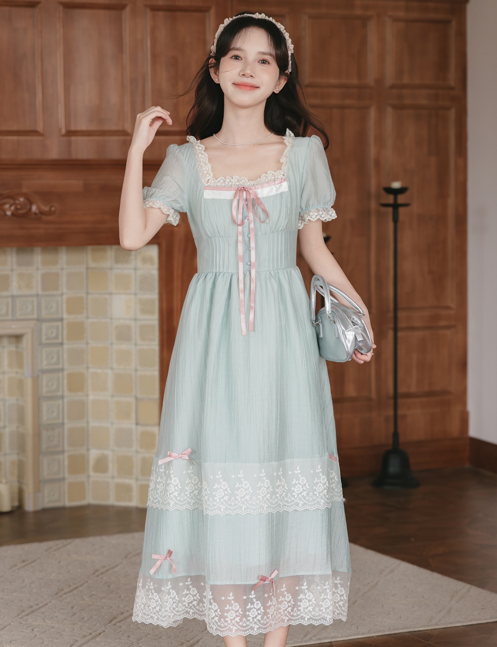 Temperament slim square collar long dress tender fold dress