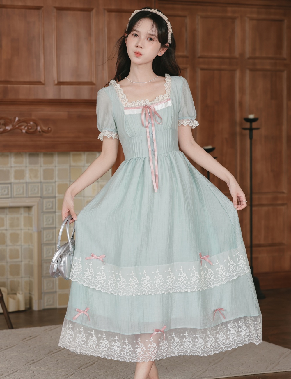 Temperament slim square collar long dress tender fold dress