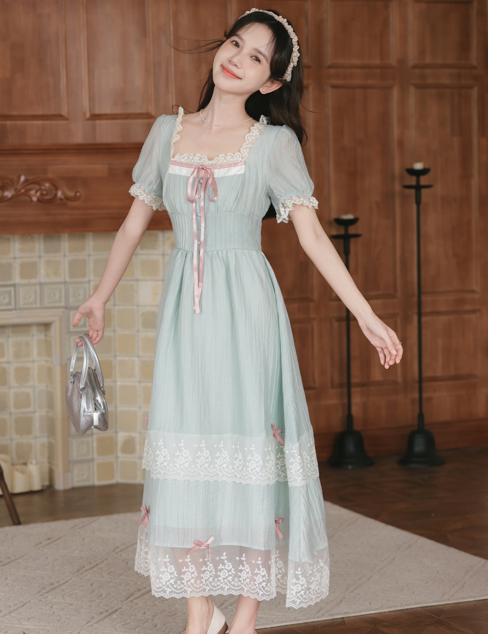 Temperament slim square collar long dress tender fold dress