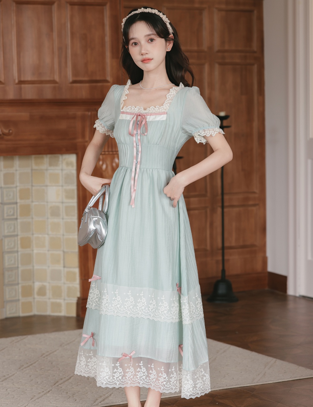 Temperament slim square collar long dress tender fold dress