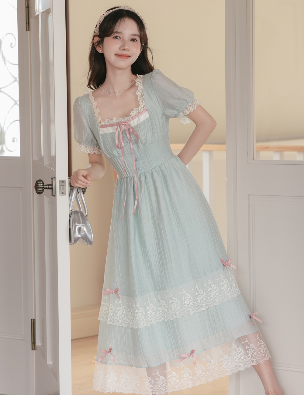 Temperament slim square collar long dress tender fold dress