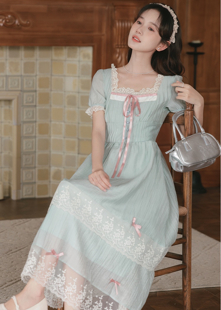 Temperament slim square collar long dress tender fold dress