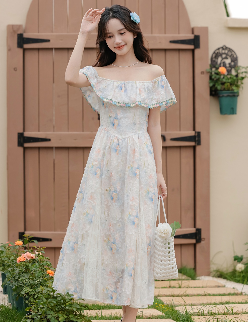 Temperament flat shoulder summer dress seaside Casual long dress