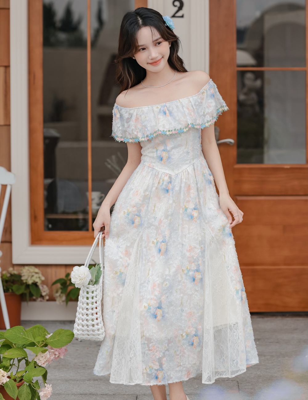 Temperament flat shoulder summer dress seaside Casual long dress