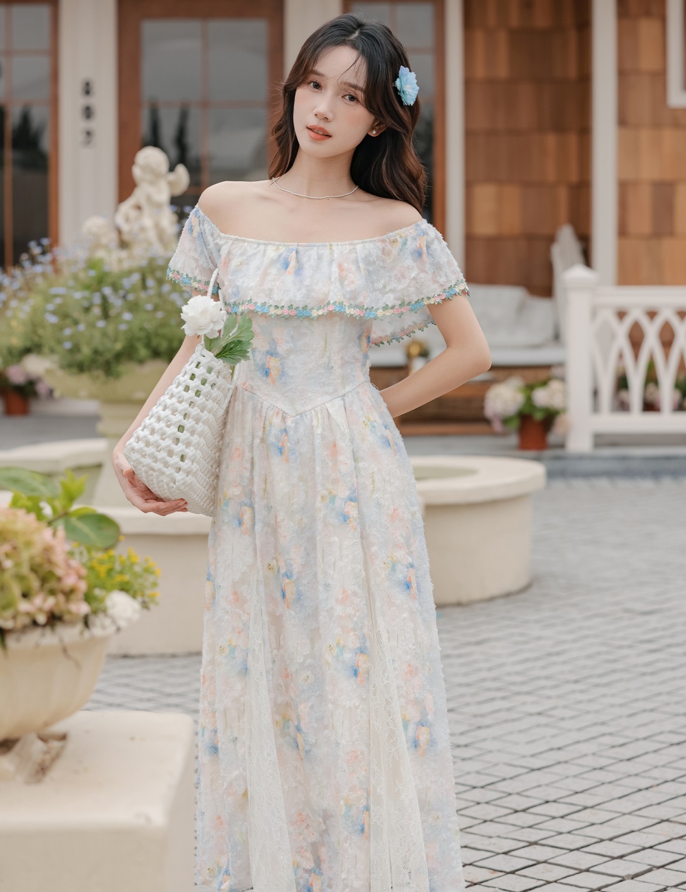 Temperament flat shoulder summer dress seaside Casual long dress