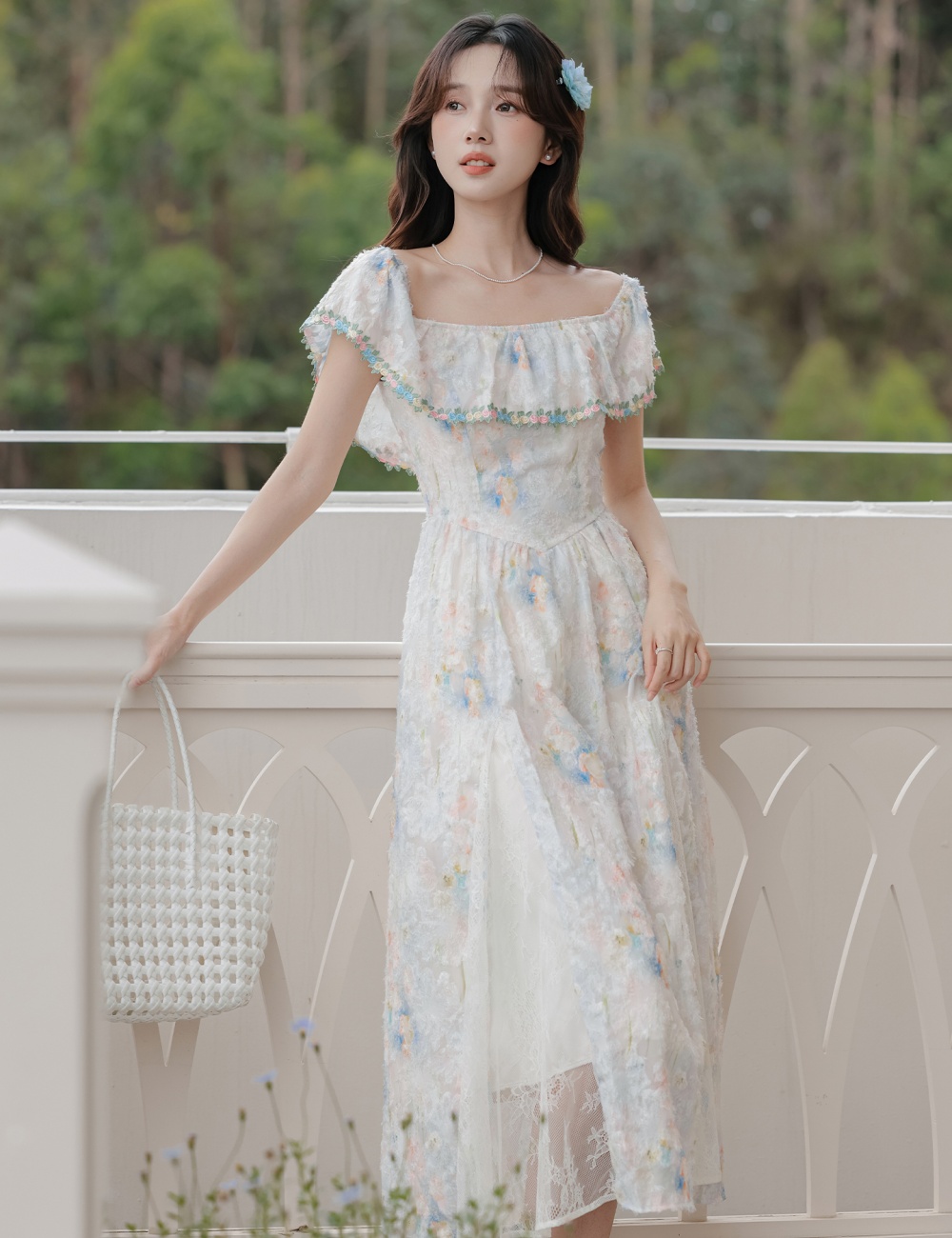 Temperament flat shoulder summer dress seaside Casual long dress