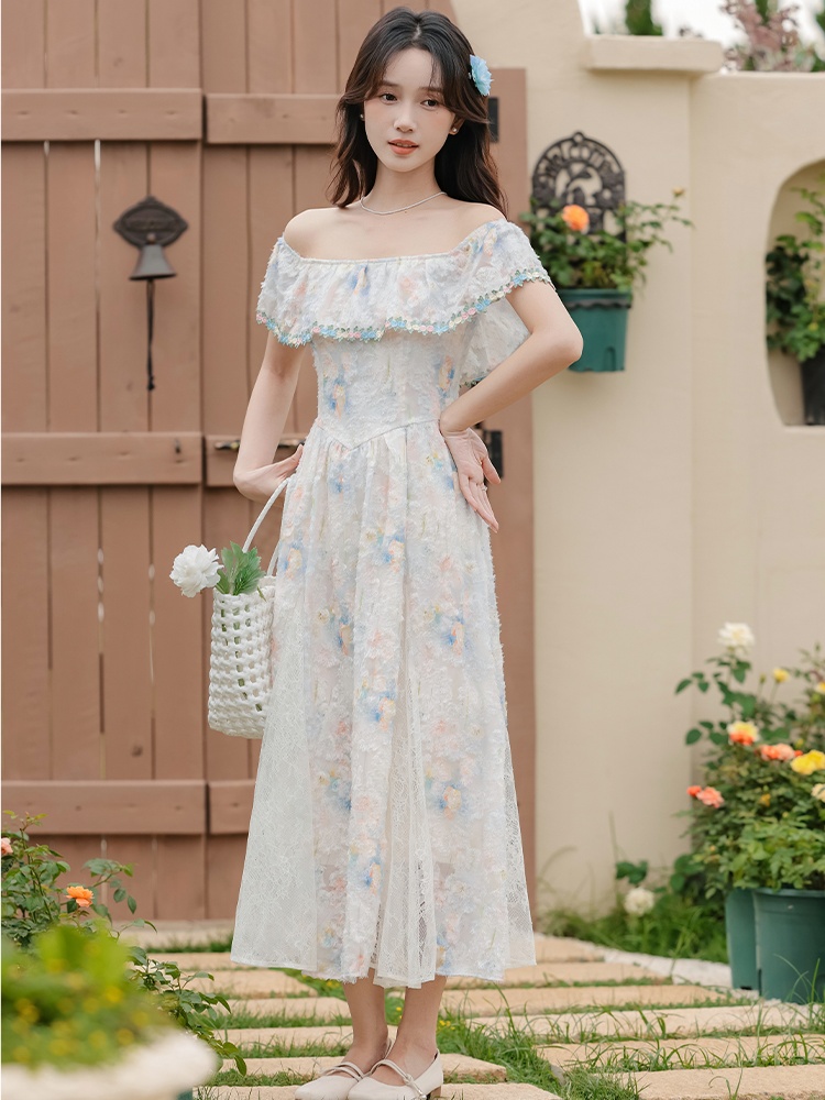 Temperament flat shoulder summer dress seaside Casual long dress