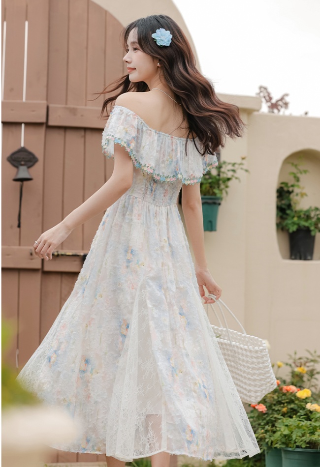 Temperament flat shoulder summer dress seaside Casual long dress