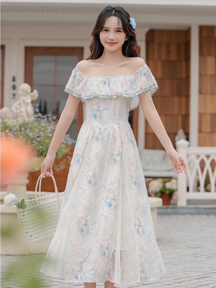 Temperament flat shoulder summer dress seaside Casual long dress