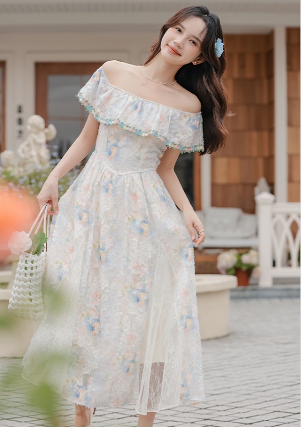 Temperament flat shoulder summer dress seaside Casual long dress