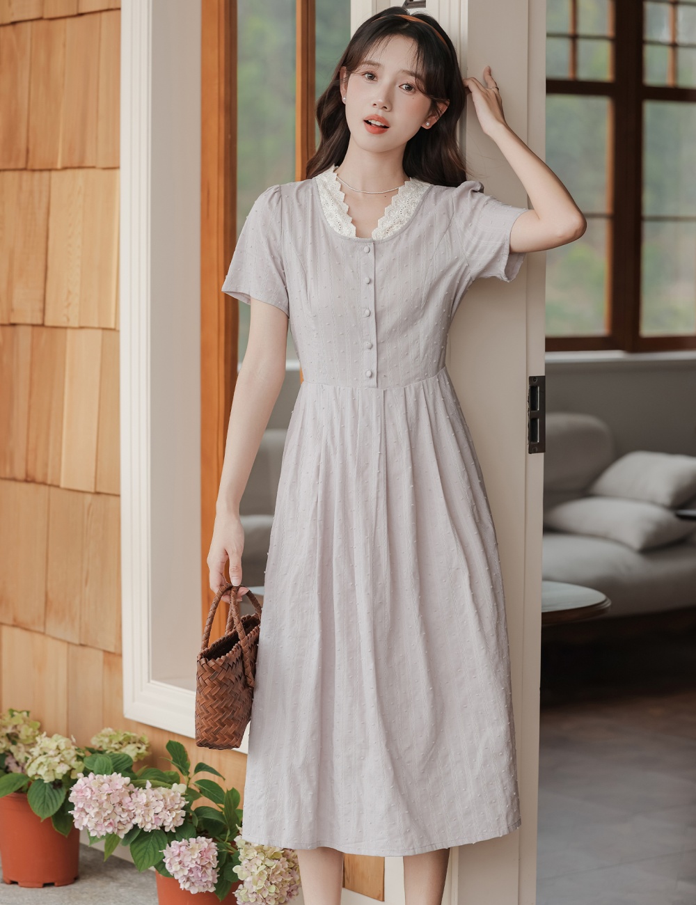Lace collar short sleeve temperament summer slim dress