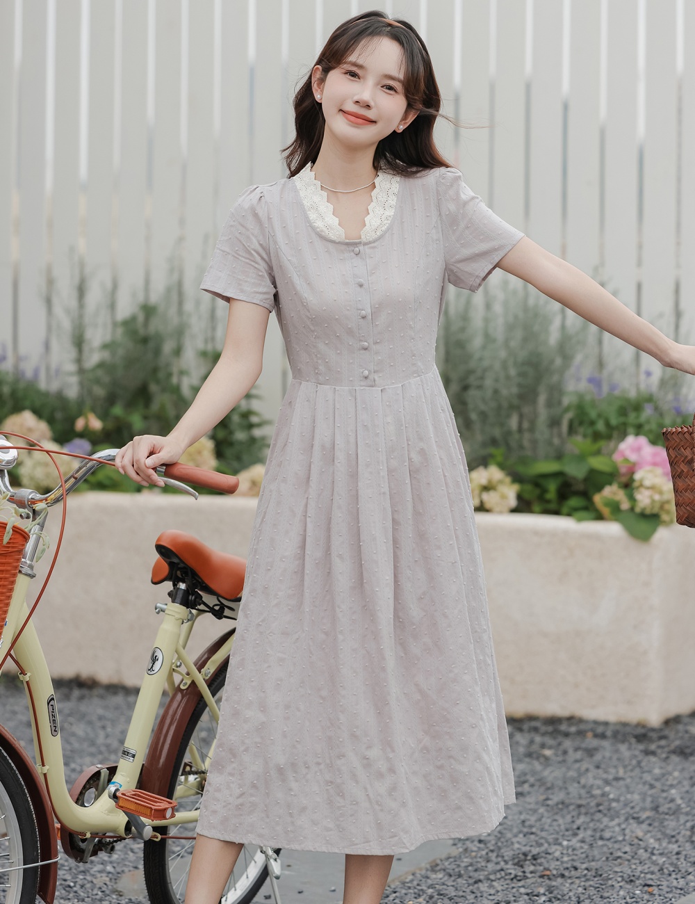 Lace collar short sleeve temperament summer slim dress