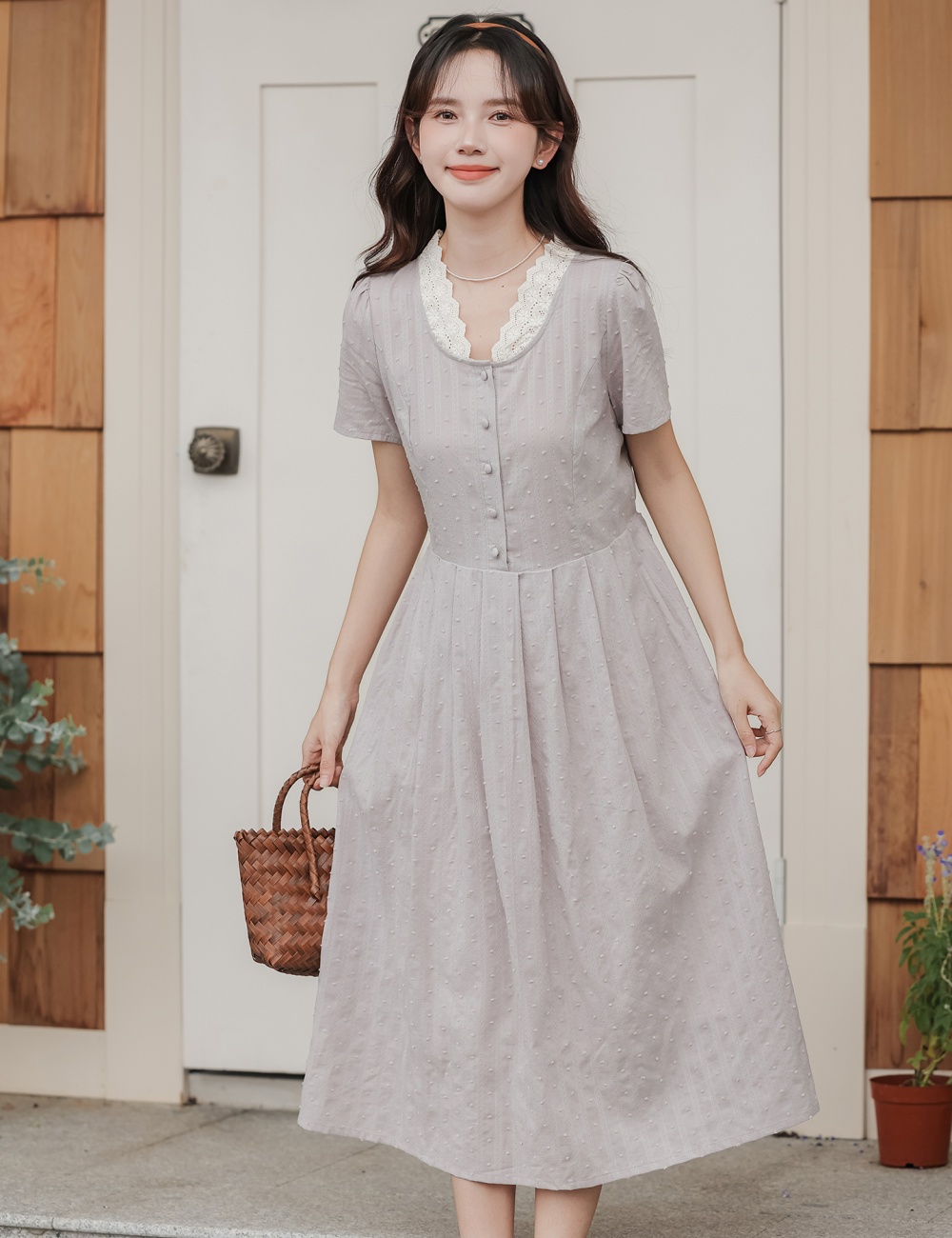 Lace collar short sleeve temperament summer slim dress