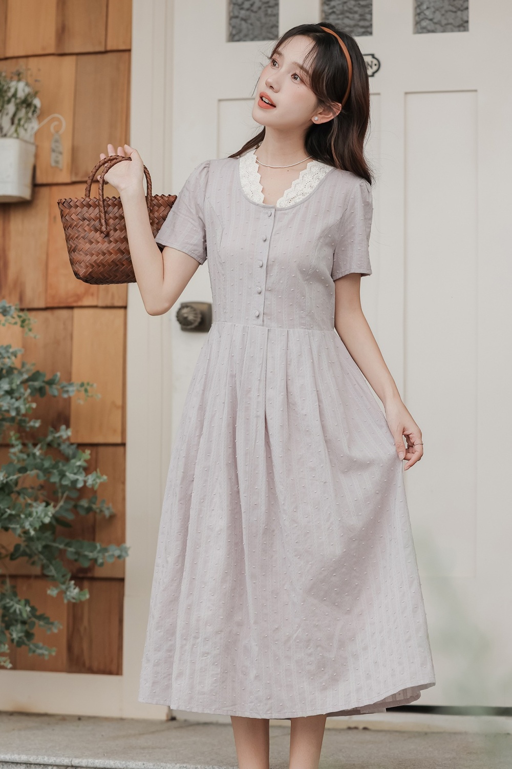 Lace collar short sleeve temperament summer slim dress