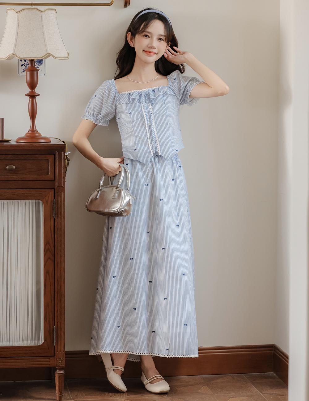 Niche stripe tops square collar short skirt 2pcs set