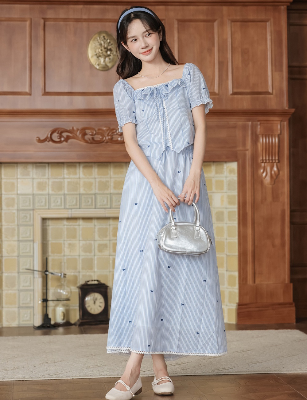 Niche stripe tops square collar short skirt 2pcs set