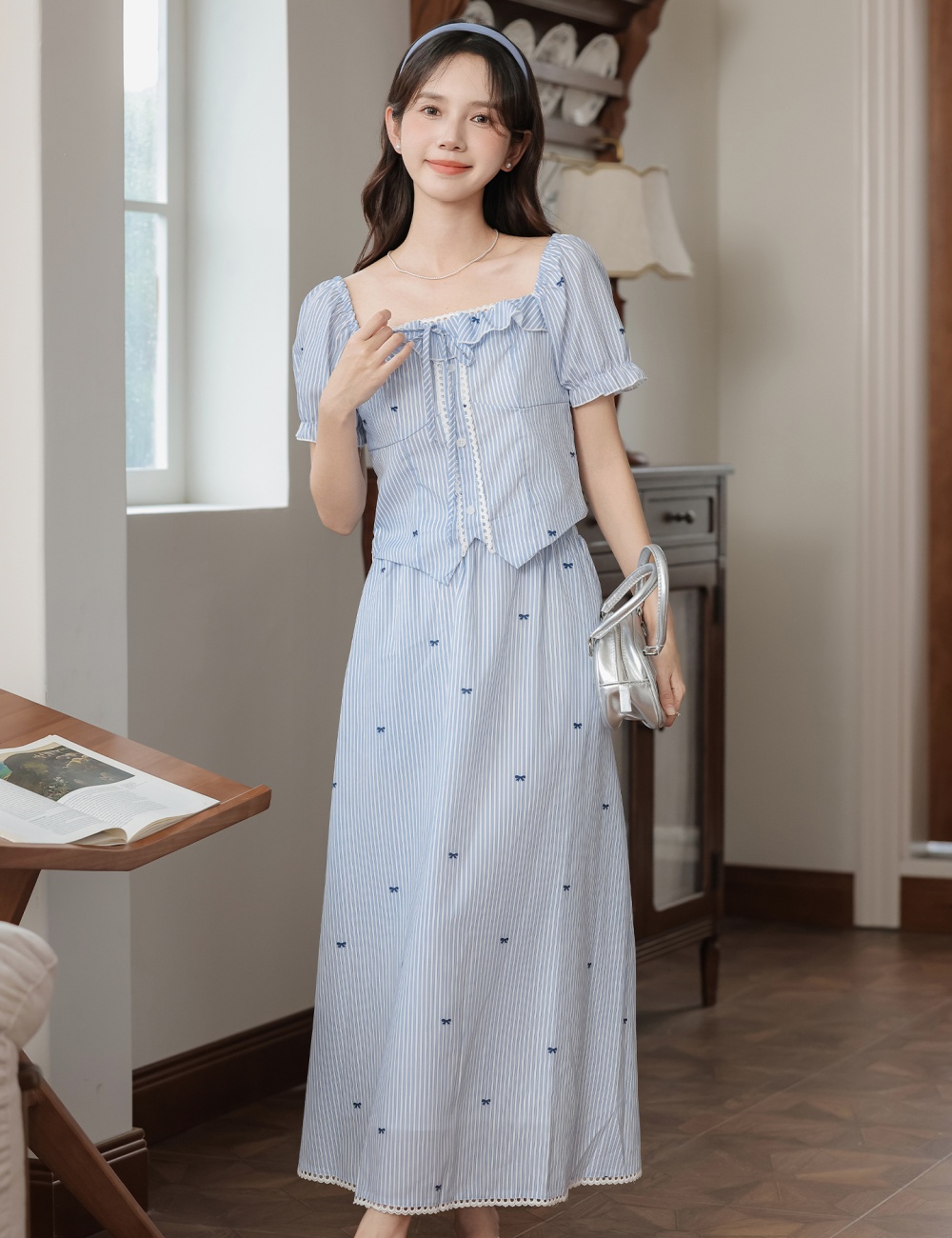 Niche stripe tops square collar short skirt 2pcs set