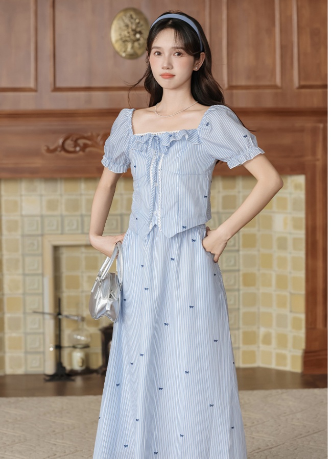 Niche stripe tops square collar short skirt 2pcs set