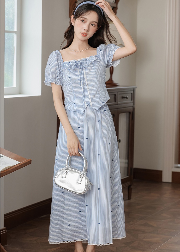 Niche stripe tops square collar short skirt 2pcs set