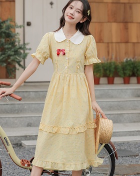 Summer yellow short sleeve beautiful pinched waist dress