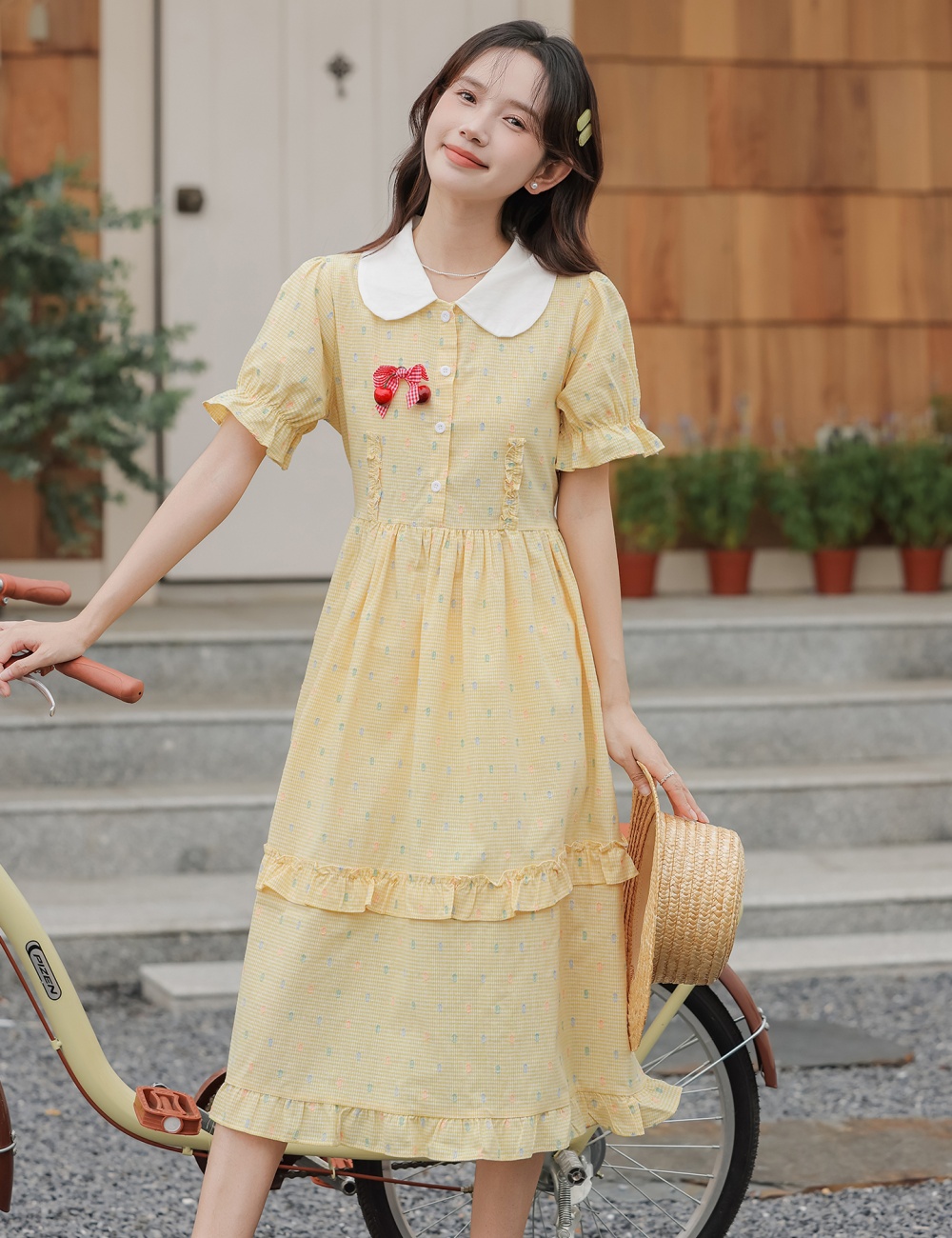 Summer yellow short sleeve beautiful pinched waist dress