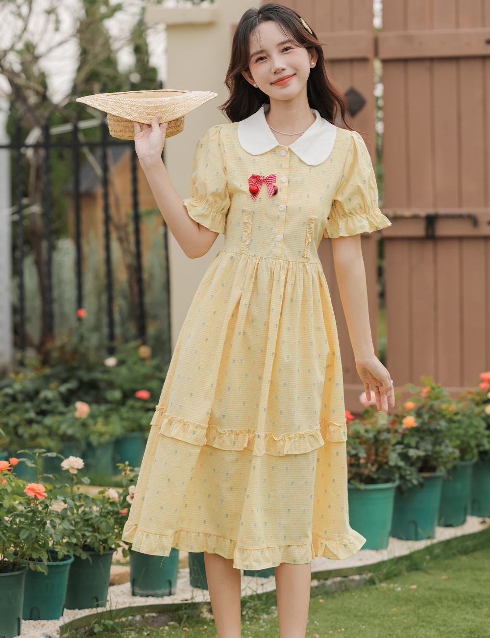 Summer yellow short sleeve beautiful pinched waist dress