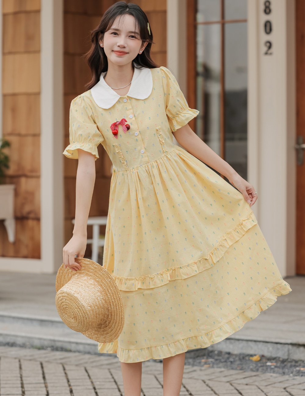 Summer yellow short sleeve beautiful pinched waist dress