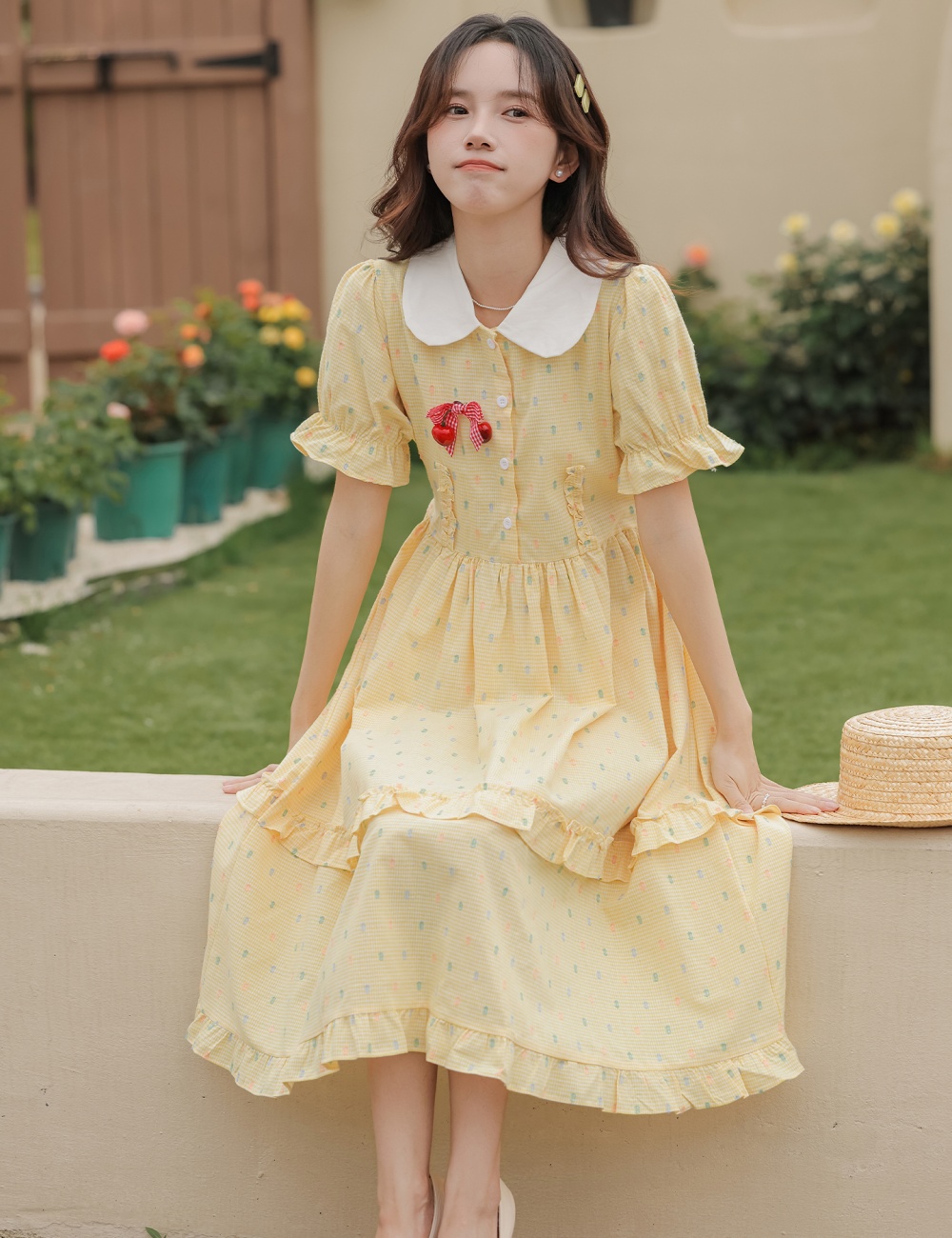 Summer yellow short sleeve beautiful pinched waist dress